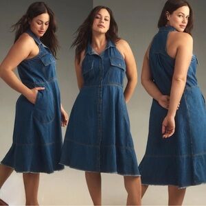 Anthropologie Sleeveless Halter Swing Denim Light Midi Dress Blue NWT